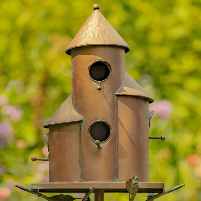 Main image of Large Copper Colored Multi-Birdhouse Stakes, Room for 4 Bird Families in Each (Tall Triple Cylinder Homes (Copper Color))
