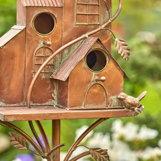 Alt view image 2 of 6 - Large Copper Colored Multi-Birdhouse Stakes, Room for 4 Bird Families in Each (Castle Home)