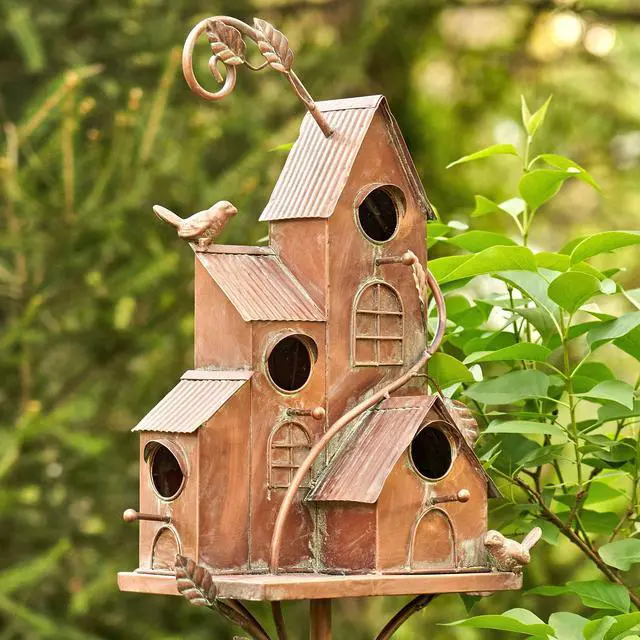Alt view image 4 of 6 - Large Copper Colored Multi-Birdhouse Stakes, Room for 4 Bird Families in Each (Castle Home)