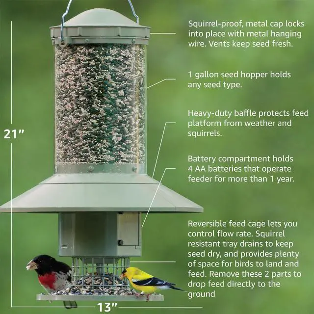 Alt view image 4 of 6 - AUTOFEEDER Bird Feeder, Programmable, Automatic Time Released, Battery-Powered, Removable Lid, Squirrel Proof, Weather Resistant, 360 Degree Perch, Large Capacity - Classic Green