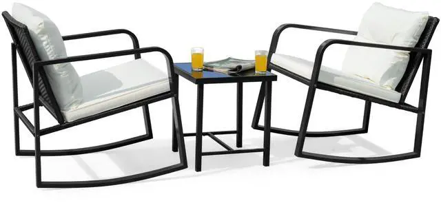 Main image of Patio Chairs 3 Piece Wicker Rocking Chair Outdoor Bistro Sets with Coffee Table and Cushions Metal Frame Patio Furniture for Porch, Balcony, Lawn (White)