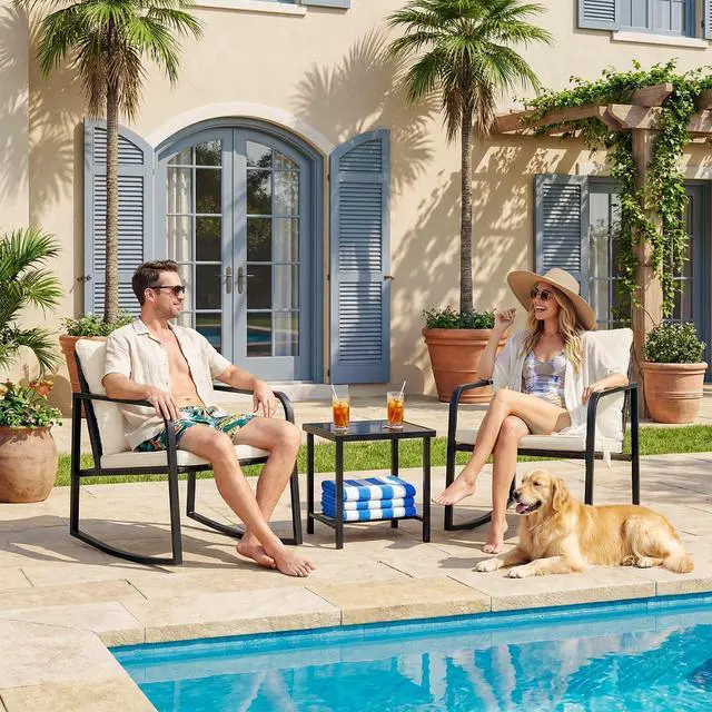Alt view image 2 of 6 - Patio Chairs 3 Piece Wicker Rocking Chair Outdoor Bistro Sets with Coffee Table and Cushions Metal Frame Patio Furniture for Porch, Balcony, Lawn (White)