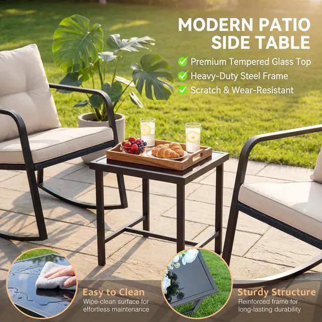 Alt view image 3 of 6 - Patio Chairs 3 Piece Wicker Rocking Chair Outdoor Bistro Sets with Coffee Table and Cushions Metal Frame Patio Furniture for Porch, Balcony, Lawn (White)