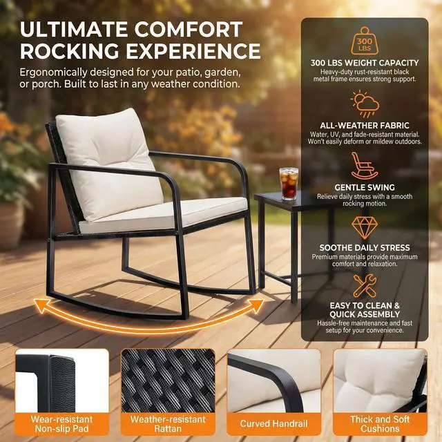 Alt view image 4 of 6 - Patio Chairs 3 Piece Wicker Rocking Chair Outdoor Bistro Sets with Coffee Table and Cushions Metal Frame Patio Furniture for Porch, Balcony, Lawn (White)