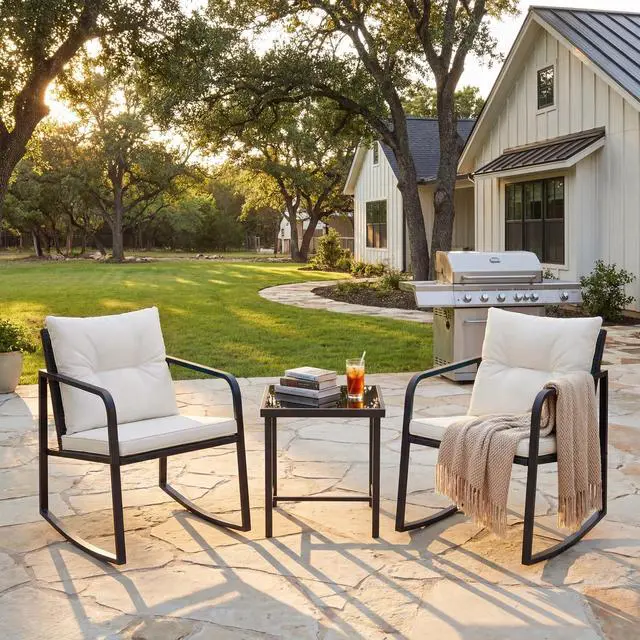 Alt view image 5 of 6 - Patio Chairs 3 Piece Wicker Rocking Chair Outdoor Bistro Sets with Coffee Table and Cushions Metal Frame Patio Furniture for Porch, Balcony, Lawn (White)