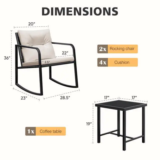 Alt view image 6 of 6 - Patio Chairs 3 Piece Wicker Rocking Chair Outdoor Bistro Sets with Coffee Table and Cushions Metal Frame Patio Furniture for Porch, Balcony, Lawn (White)