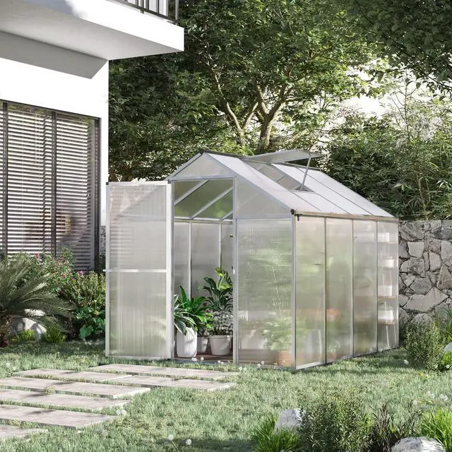 Alt view image 2 of 6 - 8' x 6' Greenhouse for Outdoors, Polycarbonate Greenhouse with Rain Gutter and Roof Vent, Aluminum Walk-in Green Houses for Outside Patio Backyard Garden