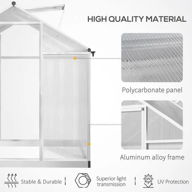 Alt view image 3 of 6 - 8' x 6' Greenhouse for Outdoors, Polycarbonate Greenhouse with Rain Gutter and Roof Vent, Aluminum Walk-in Green Houses for Outside Patio Backyard Garden