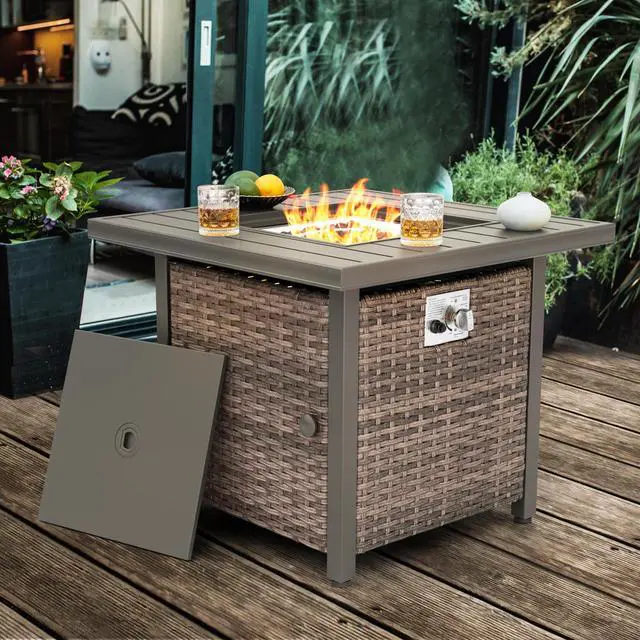 Main image of Propane Fire Pit Table, CSA Certified 30 Inch 50,000 BTU Outdoor Propane Gas Cabinet Square Fire Pit Table, Iron Tabletop, Rattan and Iron Frame, with Lid and Fire Glass Beads, Black