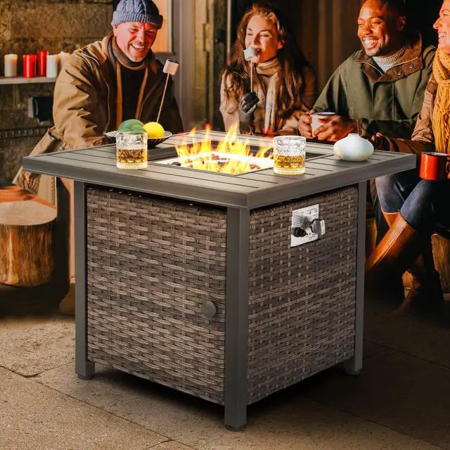 Alt view image 2 of 6 - Propane Fire Pit Table, CSA Certified 30 Inch 50,000 BTU Outdoor Propane Gas Cabinet Square Fire Pit Table, Iron Tabletop, Rattan and Iron Frame, with Lid and Fire Glass Beads, Black