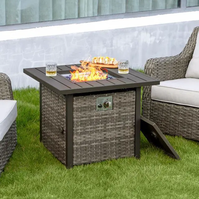 Alt view image 3 of 6 - Propane Fire Pit Table, CSA Certified 30 Inch 50,000 BTU Outdoor Propane Gas Cabinet Square Fire Pit Table, Iron Tabletop, Rattan and Iron Frame, with Lid and Fire Glass Beads, Black