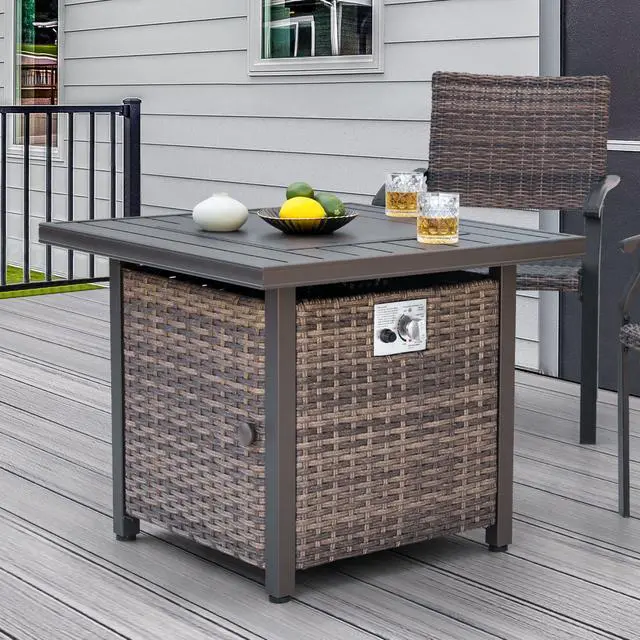 Alt view image 4 of 6 - Propane Fire Pit Table, CSA Certified 30 Inch 50,000 BTU Outdoor Propane Gas Cabinet Square Fire Pit Table, Iron Tabletop, Rattan and Iron Frame, with Lid and Fire Glass Beads, Black