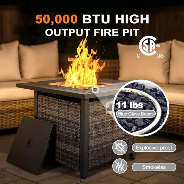 Alt view image 5 of 6 - Propane Fire Pit Table, CSA Certified 30 Inch 50,000 BTU Outdoor Propane Gas Cabinet Square Fire Pit Table, Iron Tabletop, Rattan and Iron Frame, with Lid and Fire Glass Beads, Black