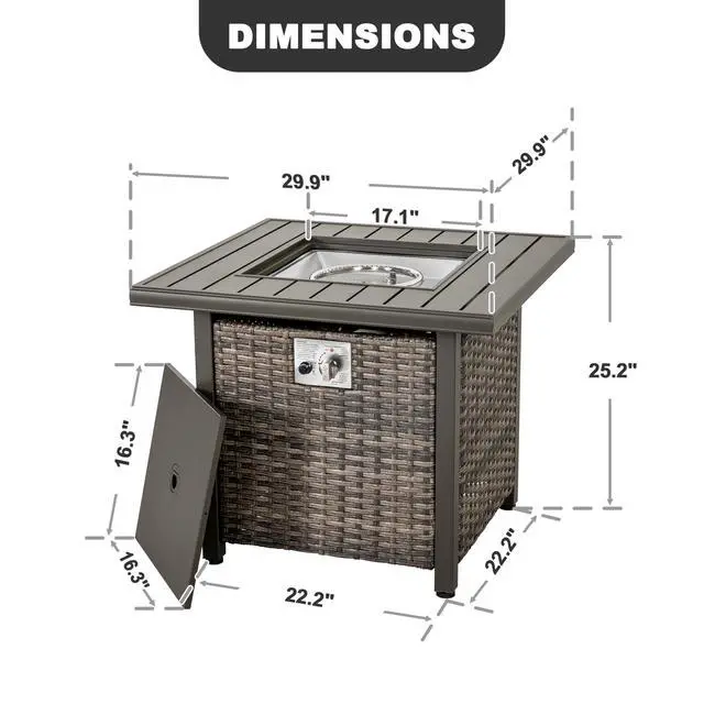 Alt view image 6 of 6 - Propane Fire Pit Table, CSA Certified 30 Inch 50,000 BTU Outdoor Propane Gas Cabinet Square Fire Pit Table, Iron Tabletop, Rattan and Iron Frame, with Lid and Fire Glass Beads, Black