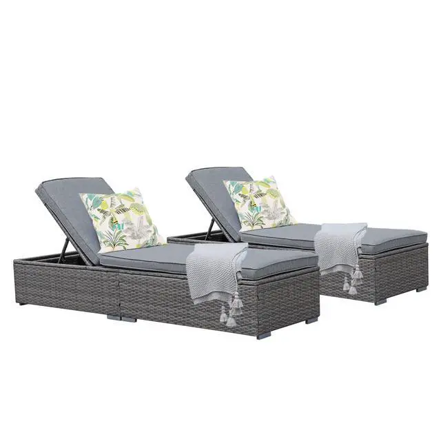 Main image of Outdoor Patio Chaise Lounge Chair, Elegant Reclining Adjustable Pool Rattan Chaise Lounge Chair with Cushion, Grey PE Wicker, Steel Frame,Light Grey, Set of 2