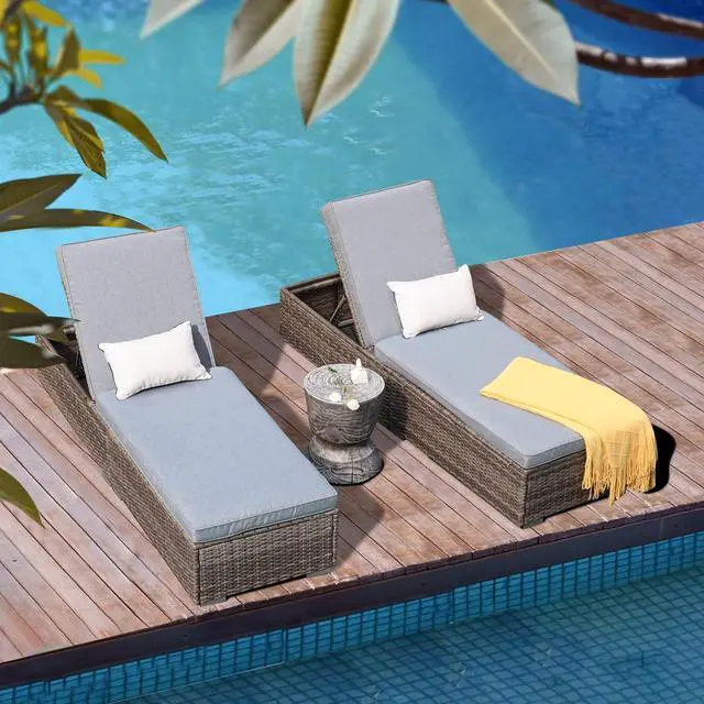 Alt view image 3 of 6 - Outdoor Patio Chaise Lounge Chair, Elegant Reclining Adjustable Pool Rattan Chaise Lounge Chair with Cushion, Grey PE Wicker, Steel Frame,Light Grey, Set of 2