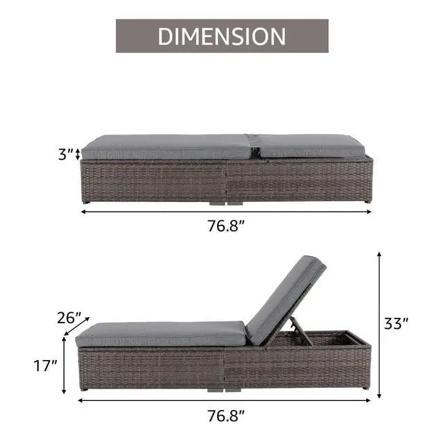 Alt view image 6 of 6 - Outdoor Patio Chaise Lounge Chair, Elegant Reclining Adjustable Pool Rattan Chaise Lounge Chair with Cushion, Grey PE Wicker, Steel Frame,Light Grey, Set of 2