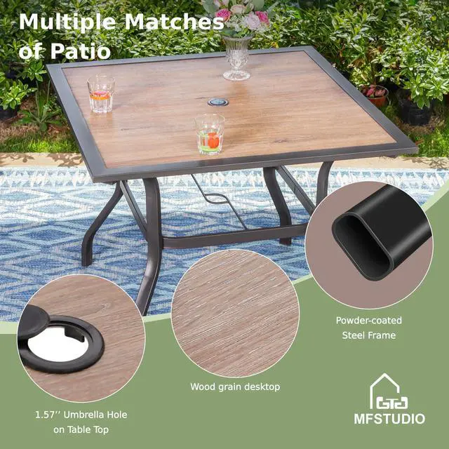 Alt view image 6 of 6 - 37" Square Patio Dining Table Outdoor Furniture Table for Backyard Bistro Garden Deck, Imitation Wood Table Top, 1.57 Umbrella Hole