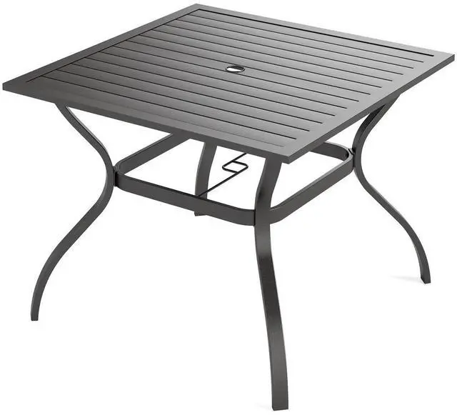Main image of 37" Metal Steel Slat Patio Dining Table Square Backyard Bistro Table Outdoor Furniture Garden Table, 1.57 Umbrella Hole, Black