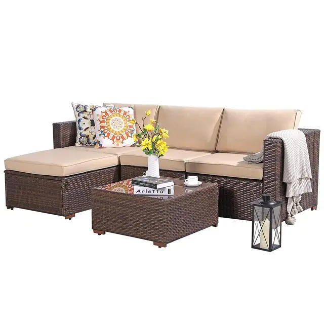 Alt view image 2 of 6 - 5 Piece Outdoor Patio Furniture Set, Outdoor Sectional Conversation Set, All-Weather Brown PE Wicker w/Beige Cushions, Outdoor Backyard Porch Garden Poolside Balcony Furniture Set