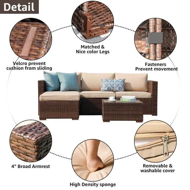 Alt view image 3 of 6 - 5 Piece Outdoor Patio Furniture Set, Outdoor Sectional Conversation Set, All-Weather Brown PE Wicker w/Beige Cushions, Outdoor Backyard Porch Garden Poolside Balcony Furniture Set