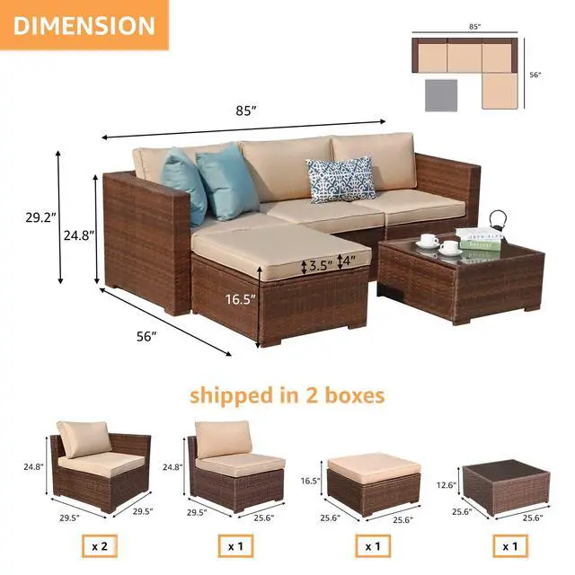 Alt view image 4 of 6 - 5 Piece Outdoor Patio Furniture Set, Outdoor Sectional Conversation Set, All-Weather Brown PE Wicker w/Beige Cushions, Outdoor Backyard Porch Garden Poolside Balcony Furniture Set