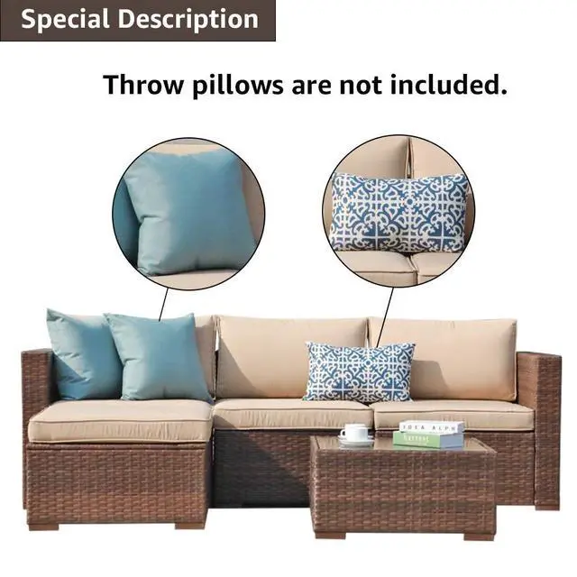 Alt view image 5 of 6 - 5 Piece Outdoor Patio Furniture Set, Outdoor Sectional Conversation Set, All-Weather Brown PE Wicker w/Beige Cushions, Outdoor Backyard Porch Garden Poolside Balcony Furniture Set