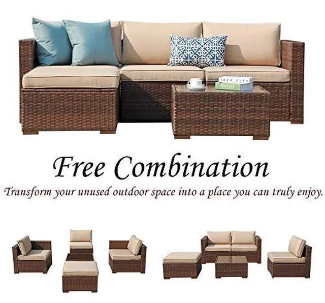 Alt view image 6 of 6 - 5 Piece Outdoor Patio Furniture Set, Outdoor Sectional Conversation Set, All-Weather Brown PE Wicker w/Beige Cushions, Outdoor Backyard Porch Garden Poolside Balcony Furniture Set