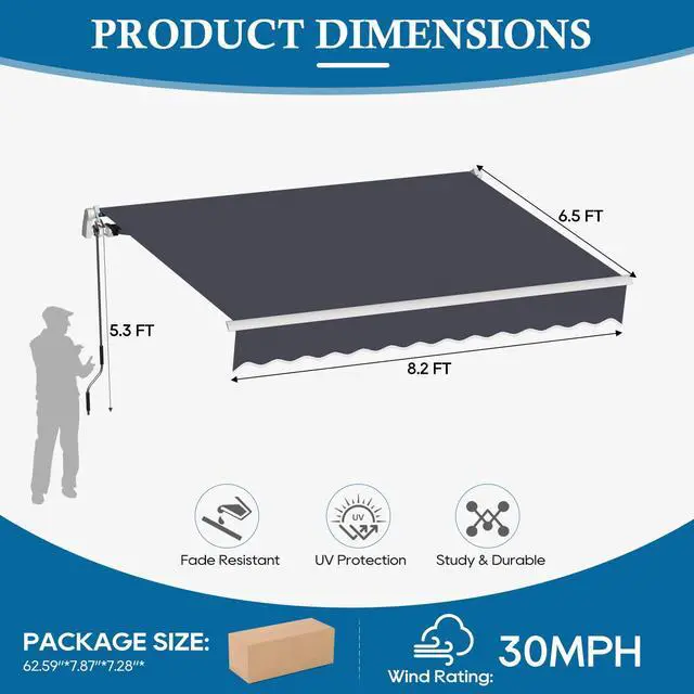 Alt view image 2 of 6 - 8.2'x6.5' Patio Awning Retractable Awning Cover Sunshade Shelter Outdoor Canopy with Crank Handle and Water-Resistant Polyester for Courtyard, Balcony, Shop, Restaurant, Cafe, Deck (Light Grey)