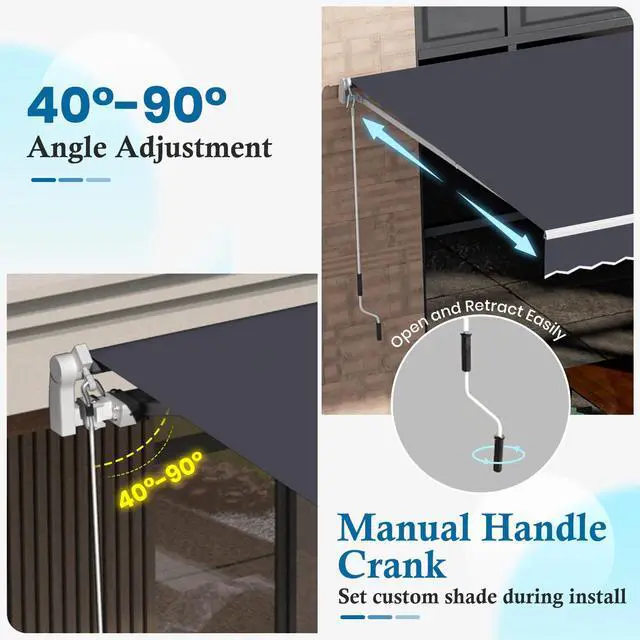 Alt view image 3 of 6 - 8.2'x6.5' Patio Awning Retractable Awning Cover Sunshade Shelter Outdoor Canopy with Crank Handle and Water-Resistant Polyester for Courtyard, Balcony, Shop, Restaurant, Cafe, Deck (Light Grey)
