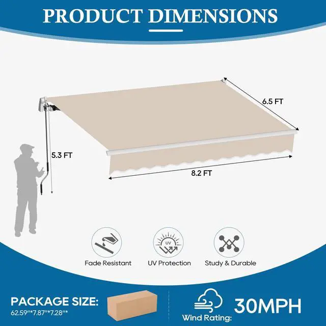 Alt view image 2 of 6 - 8.2'x6.5' Patio Awning Retractable Awning Cover Sunshade Shelter Outdoor Canopy with Crank Handle and Water-Resistant Polyester for Courtyard, Balcony, Shop, Restaurant, Cafe, Deck