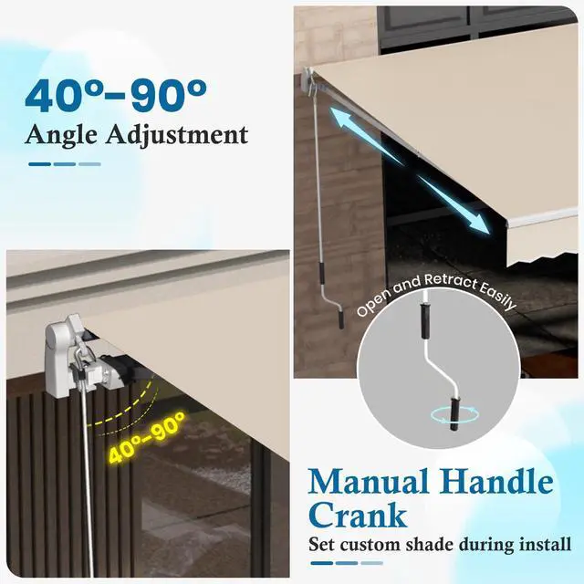 Alt view image 3 of 6 - 8.2'x6.5' Patio Awning Retractable Awning Cover Sunshade Shelter Outdoor Canopy with Crank Handle and Water-Resistant Polyester for Courtyard, Balcony, Shop, Restaurant, Cafe, Deck