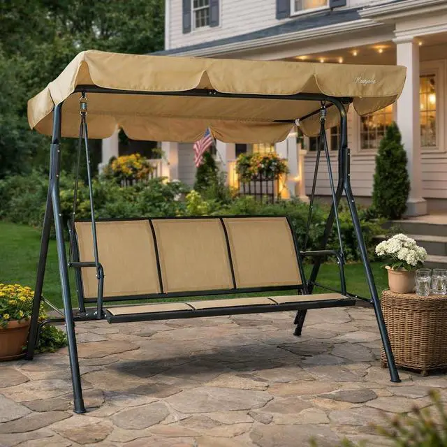 Main image of 3-Person Outdoor Canopy Porch Swing Chair, Breathable Textilene Seat & Armrests, Adjustable Canopy Shade, Heavy-Duty Powder-Coated Steel Frame for Patio, Backyard, Poolside & Balcony, Beige
