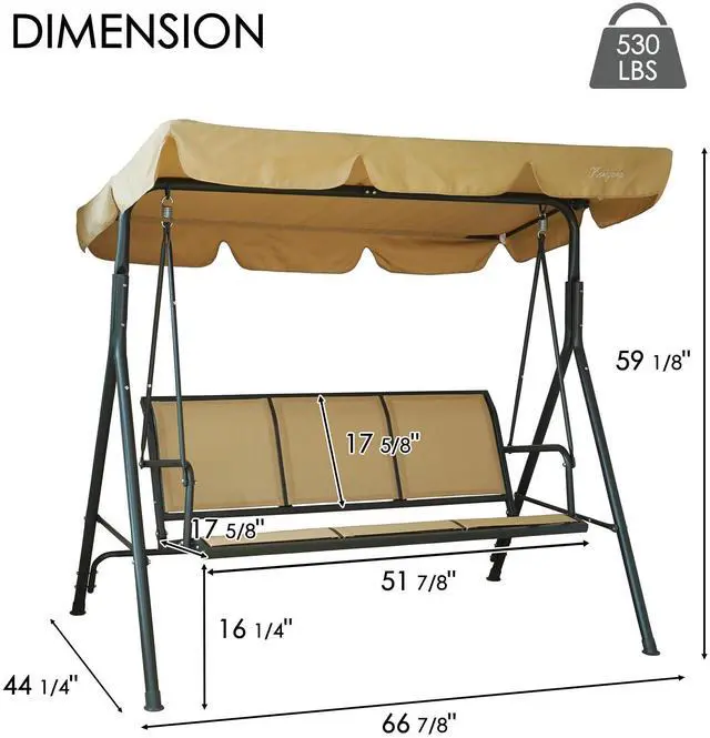 Alt view image 2 of 6 - 3-Person Outdoor Canopy Porch Swing Chair, Breathable Textilene Seat & Armrests, Adjustable Canopy Shade, Heavy-Duty Powder-Coated Steel Frame for Patio, Backyard, Poolside & Balcony, Beige