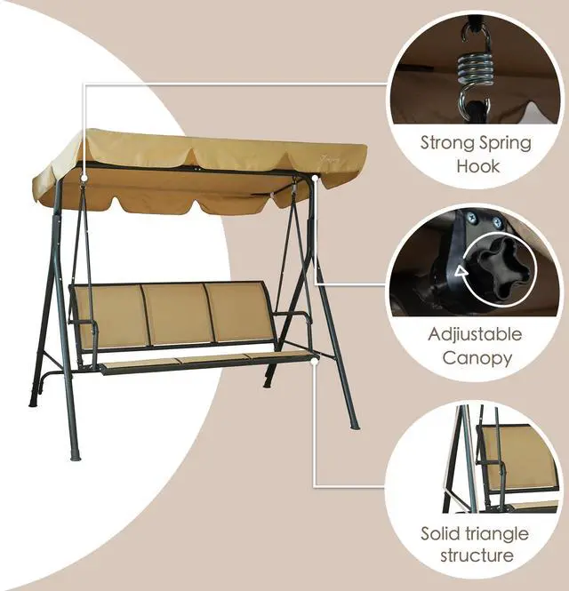Alt view image 3 of 6 - 3-Person Outdoor Canopy Porch Swing Chair, Breathable Textilene Seat & Armrests, Adjustable Canopy Shade, Heavy-Duty Powder-Coated Steel Frame for Patio, Backyard, Poolside & Balcony, Beige