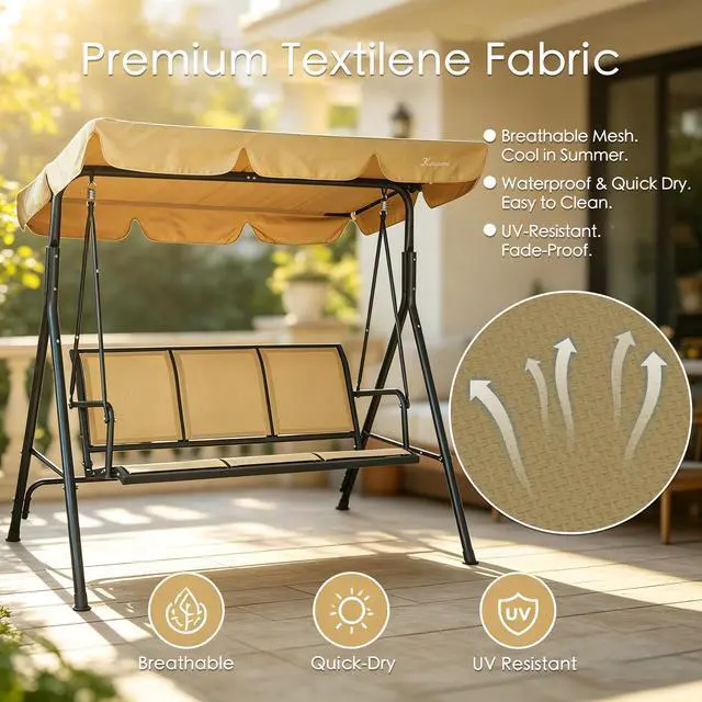Alt view image 4 of 6 - 3-Person Outdoor Canopy Porch Swing Chair, Breathable Textilene Seat & Armrests, Adjustable Canopy Shade, Heavy-Duty Powder-Coated Steel Frame for Patio, Backyard, Poolside & Balcony, Beige