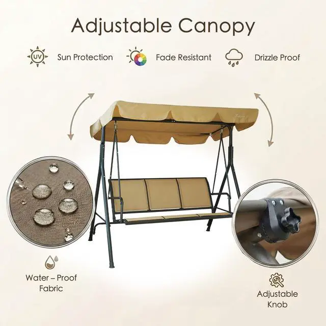 Alt view image 5 of 6 - 3-Person Outdoor Canopy Porch Swing Chair, Breathable Textilene Seat & Armrests, Adjustable Canopy Shade, Heavy-Duty Powder-Coated Steel Frame for Patio, Backyard, Poolside & Balcony, Beige