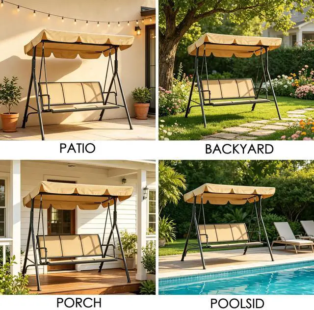 Alt view image 6 of 6 - 3-Person Outdoor Canopy Porch Swing Chair, Breathable Textilene Seat & Armrests, Adjustable Canopy Shade, Heavy-Duty Powder-Coated Steel Frame for Patio, Backyard, Poolside & Balcony, Beige