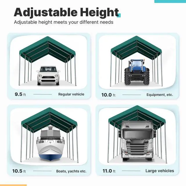 Alt view image 2 of 6 - 10x20 ft Heavy Duty Carport, Adjustable Height Garage Car Canopy Party Tent Boat Shelter, Green