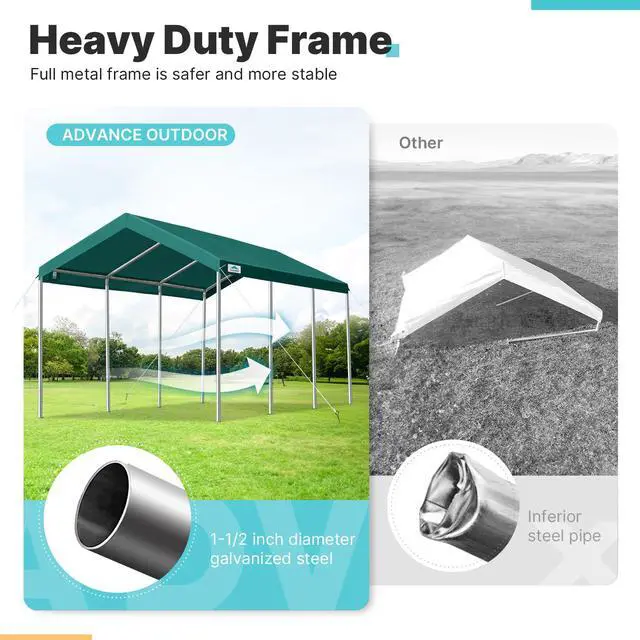 Alt view image 3 of 6 - 10x20 ft Heavy Duty Carport, Adjustable Height Garage Car Canopy Party Tent Boat Shelter, Green
