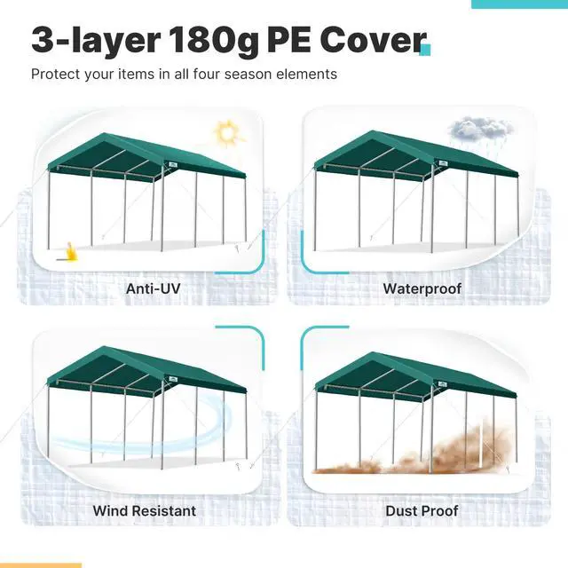 Alt view image 4 of 6 - 10x20 ft Heavy Duty Carport, Adjustable Height Garage Car Canopy Party Tent Boat Shelter, Green