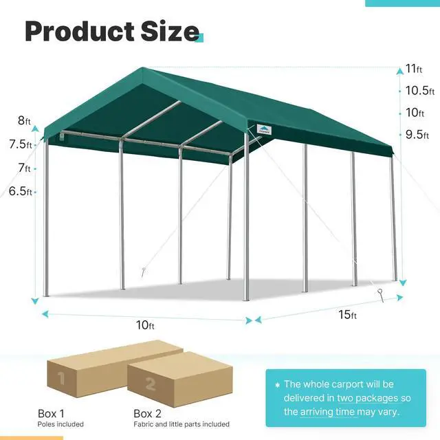 Alt view image 5 of 6 - 10x20 ft Heavy Duty Carport, Adjustable Height Garage Car Canopy Party Tent Boat Shelter, Green