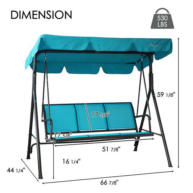 Alt view image 2 of 6 - 3-Person Outdoor Canopy Porch Swing Chair, Breathable Textilene Seat & Armrests, Adjustable Canopy Shade, Heavy-Duty Powder-Coated Steel Frame for Patio, Backyard, Poolside & Balcony, Blue