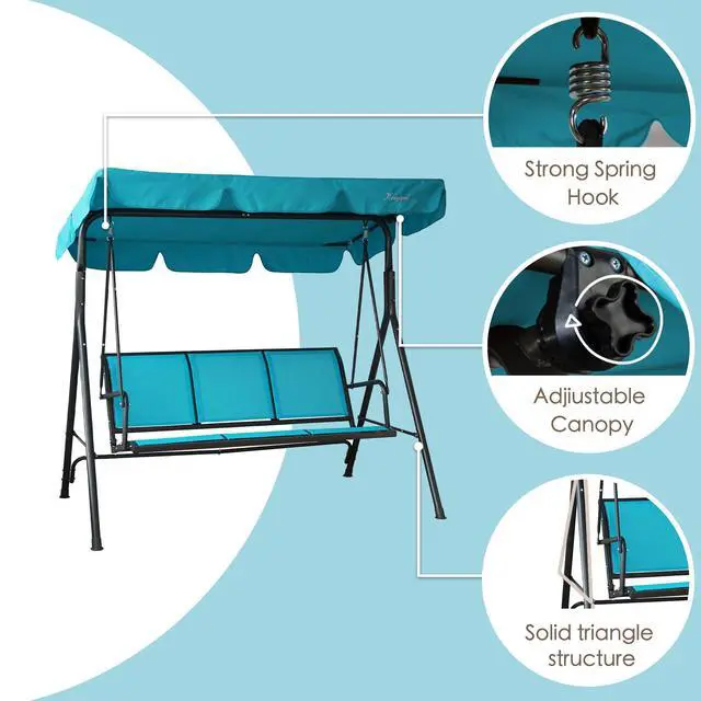Alt view image 3 of 6 - 3-Person Outdoor Canopy Porch Swing Chair, Breathable Textilene Seat & Armrests, Adjustable Canopy Shade, Heavy-Duty Powder-Coated Steel Frame for Patio, Backyard, Poolside & Balcony, Blue
