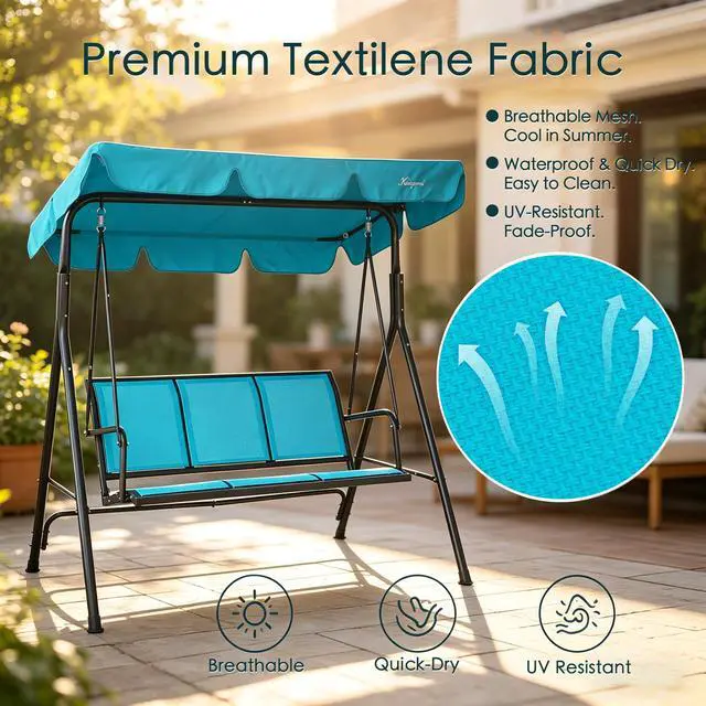 Alt view image 4 of 6 - 3-Person Outdoor Canopy Porch Swing Chair, Breathable Textilene Seat & Armrests, Adjustable Canopy Shade, Heavy-Duty Powder-Coated Steel Frame for Patio, Backyard, Poolside & Balcony, Blue