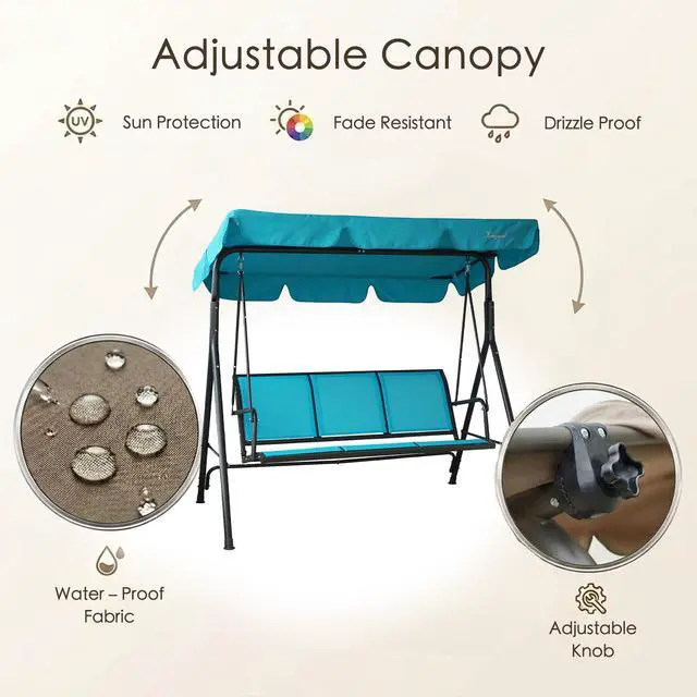Alt view image 5 of 6 - 3-Person Outdoor Canopy Porch Swing Chair, Breathable Textilene Seat & Armrests, Adjustable Canopy Shade, Heavy-Duty Powder-Coated Steel Frame for Patio, Backyard, Poolside & Balcony, Blue