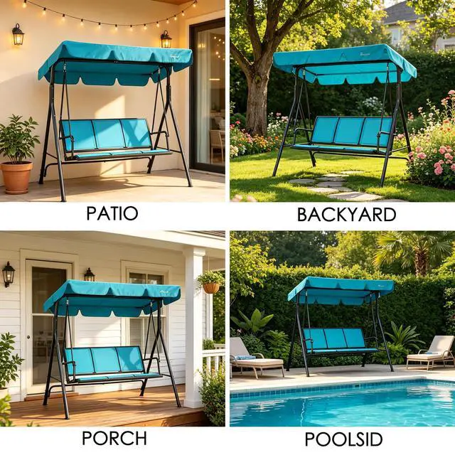 Alt view image 6 of 6 - 3-Person Outdoor Canopy Porch Swing Chair, Breathable Textilene Seat & Armrests, Adjustable Canopy Shade, Heavy-Duty Powder-Coated Steel Frame for Patio, Backyard, Poolside & Balcony, Blue