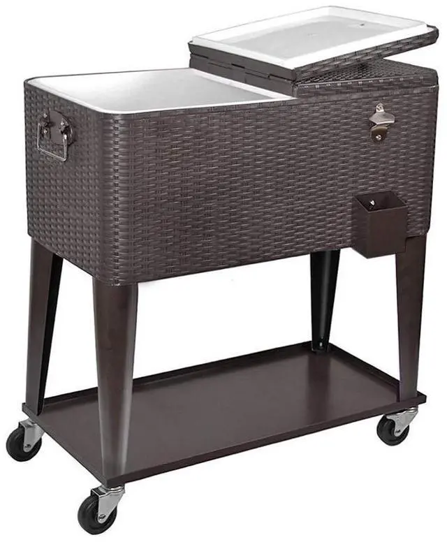 Main image of 80 Quart Qt Rolling Cooler Ice Chest Cart for Outdoor Patio Deck Party, Dark Brown Wicker Faux Rattan Tub Trolley, Portable Backyard Party Drink Beverage Bar, Wheels with Shelf & Bottle Opener