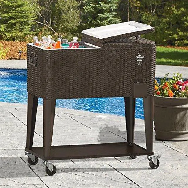 Alt view image 2 of 6 - 80 Quart Qt Rolling Cooler Ice Chest Cart for Outdoor Patio Deck Party, Dark Brown Wicker Faux Rattan Tub Trolley, Portable Backyard Party Drink Beverage Bar, Wheels with Shelf & Bottle Opener