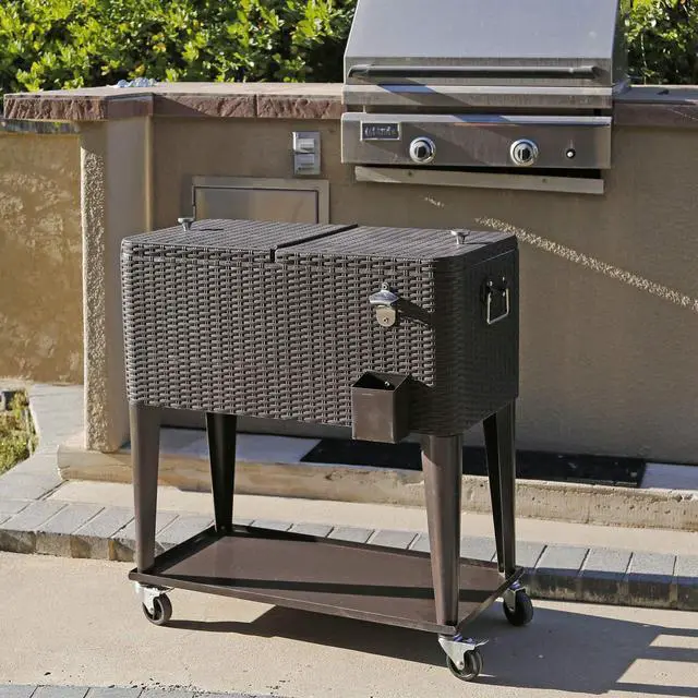 Alt view image 3 of 6 - 80 Quart Qt Rolling Cooler Ice Chest Cart for Outdoor Patio Deck Party, Dark Brown Wicker Faux Rattan Tub Trolley, Portable Backyard Party Drink Beverage Bar, Wheels with Shelf & Bottle Opener